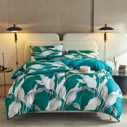 91家纺网 家纺一手货源 找家纺 八零年代2021新款A类婴童级针织棉印花四件套裸睡时代 花叶蓝