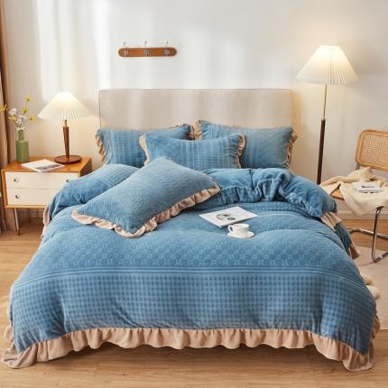 寐居2021新款韩版立体剪花牛奶绒四件套 格调-蓝