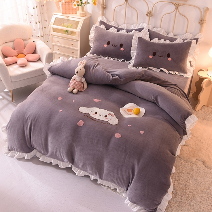 91家纺网 家纺一手货源 找家纺 2021 梦之岛 新款牛奶绒毛巾绣四件套 可爱兔-灰