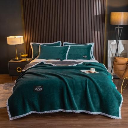 宅部落2021新款法莱绒牛奶绒毯三层夹棉多功能毛毯 翡翠绿+深灰