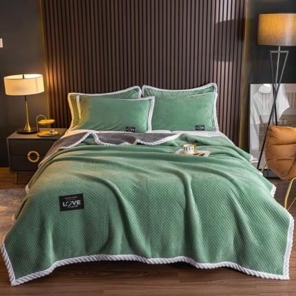 宅部落2021新款法莱绒牛奶绒毯三层夹棉多功能毛毯 莱茵绿+深灰