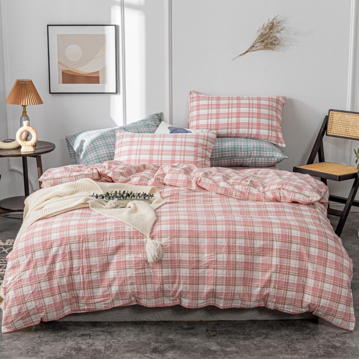 91家纺网 家纺一手货源 找家纺 优宜家2023新款无印纯棉色织水洗棉四件套 草莓格