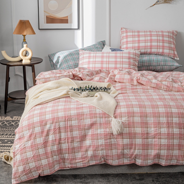 91家纺网 家纺一手货源 找家纺 优宜家2023新款无印纯棉色织水洗棉四件套 草莓格