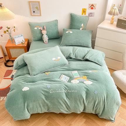 91家纺网 家纺一手货源 找家纺 绒兔兔 2021秋冬牛奶绒毛巾绣韩版床裙床单四件套 七彩云-青绿