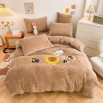 91家纺网 家纺一手货源 找家纺 绒兔兔 2021秋冬牛奶绒毛巾绣韩版床裙床单四件套 向日葵-浅咖
