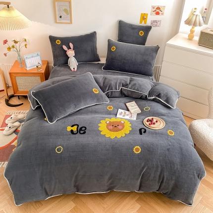 91家纺网 家纺一手货源 找家纺 绒兔兔 2021秋冬牛奶绒毛巾绣韩版床裙床单四件套 向日葵-深灰