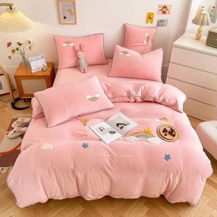 绒兔兔 2021秋冬牛奶绒毛巾绣韩版床裙床单四件套 七彩云-粉玉