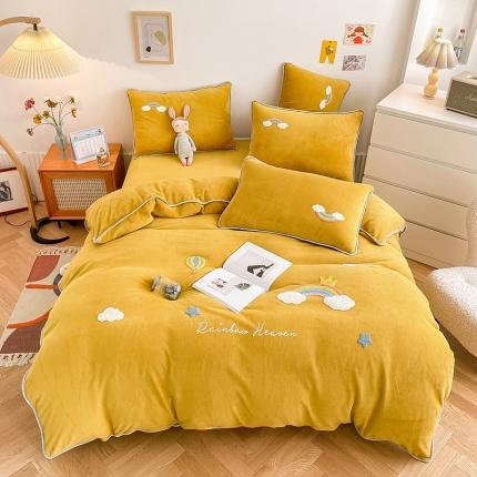 绒兔兔 2021秋冬牛奶绒毛巾绣韩版床裙床单四件套 七彩云-姜黄