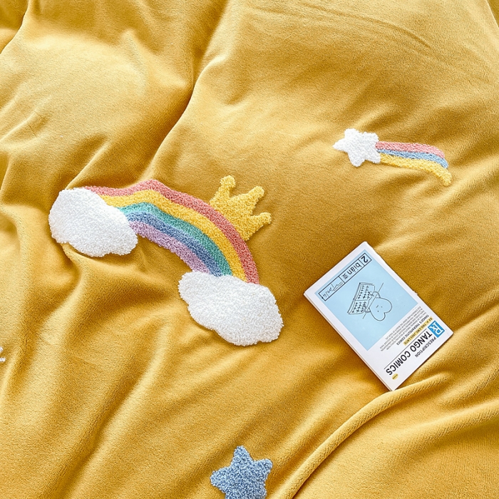 91家纺网 家纺一手货源 找家纺 绒兔兔 2021秋冬牛奶绒毛巾绣韩版床裙床单四件套 七彩云-姜黄