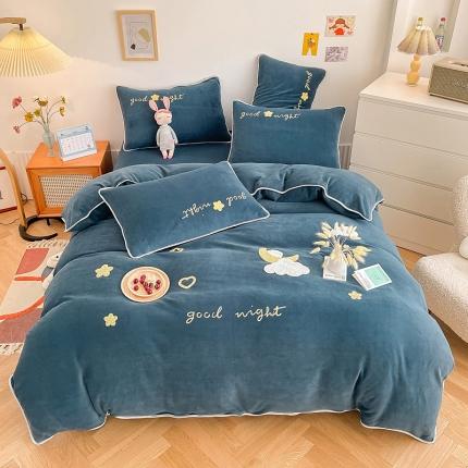 绒兔兔 2021秋冬牛奶绒毛巾绣韩版床裙床单四件套 晚安-宝蓝