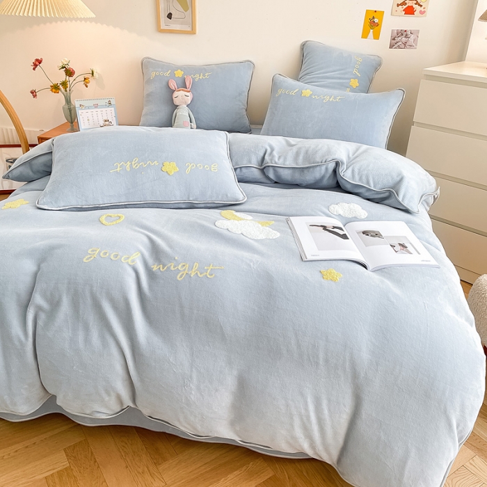 91家纺网 家纺一手货源 找家纺 绒兔兔 2021秋冬牛奶绒毛巾绣韩版床裙床单四件套 晚安-浅蓝