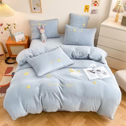 绒兔兔 2021秋冬牛奶绒毛巾绣韩版床裙床单四件套 晚安-浅蓝