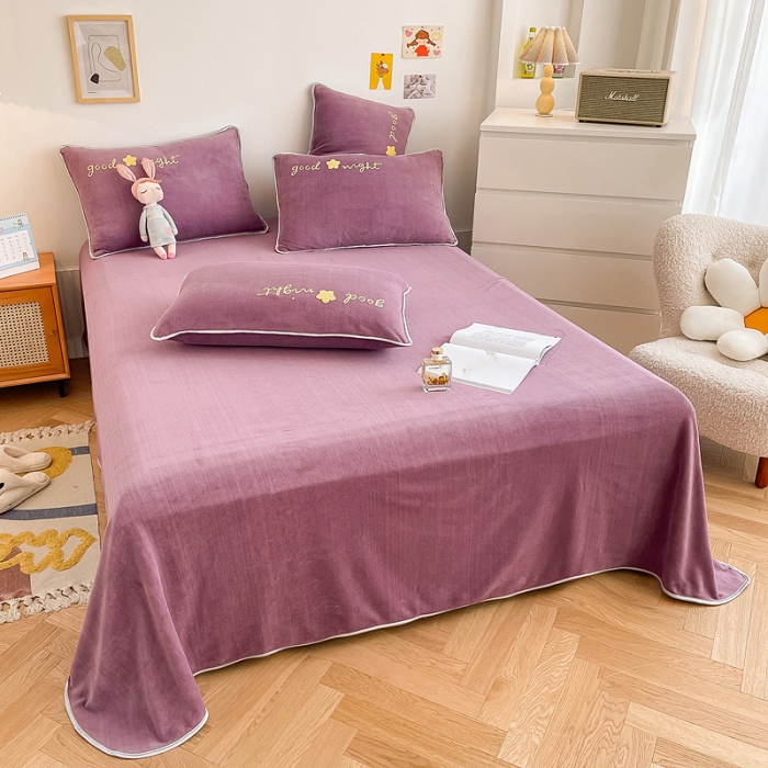 91家纺网 家纺一手货源 找家纺 绒兔兔 2021秋冬牛奶绒毛巾绣韩版床裙床单四件套 晚安-浅紫