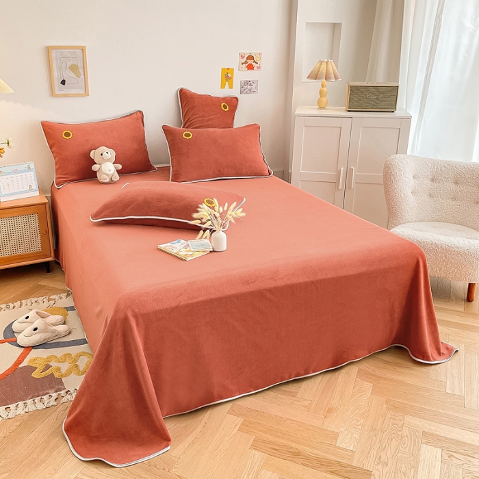 91家纺网 家纺一手货源 找家纺 绒兔兔 2021秋冬牛奶绒毛巾绣韩版床裙床单四件套 向日葵-红橘