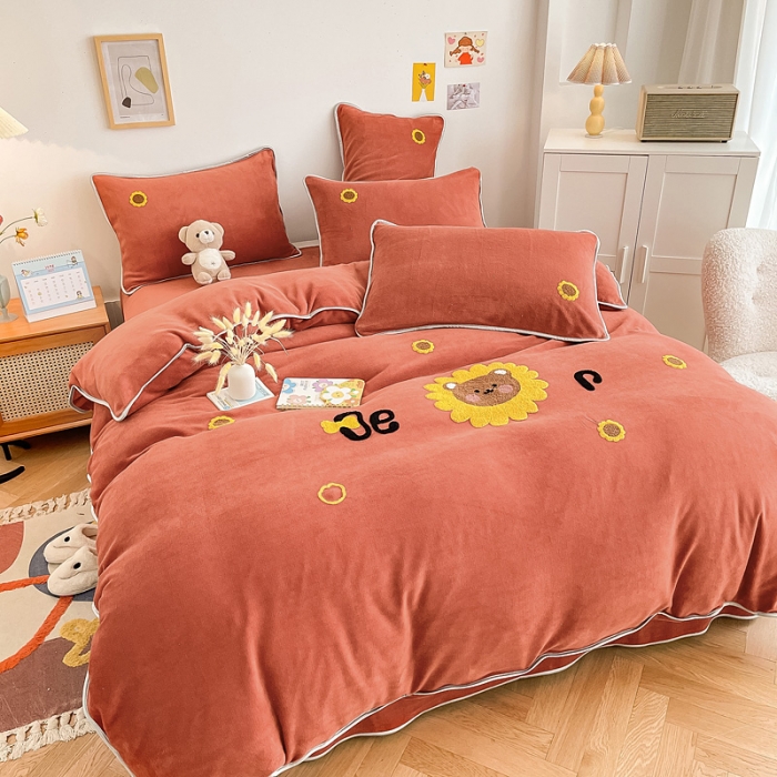 91家纺网 家纺一手货源 找家纺 绒兔兔 2021秋冬牛奶绒毛巾绣韩版床裙床单四件套 向日葵-红橘