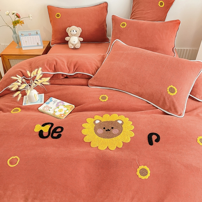 91家纺网 家纺一手货源 找家纺 绒兔兔 2021秋冬牛奶绒毛巾绣韩版床裙床单四件套 向日葵-红橘