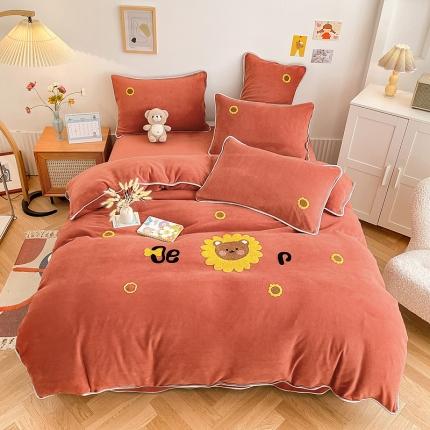 绒兔兔 2021秋冬牛奶绒毛巾绣韩版床裙床单四件套 向日葵-红橘