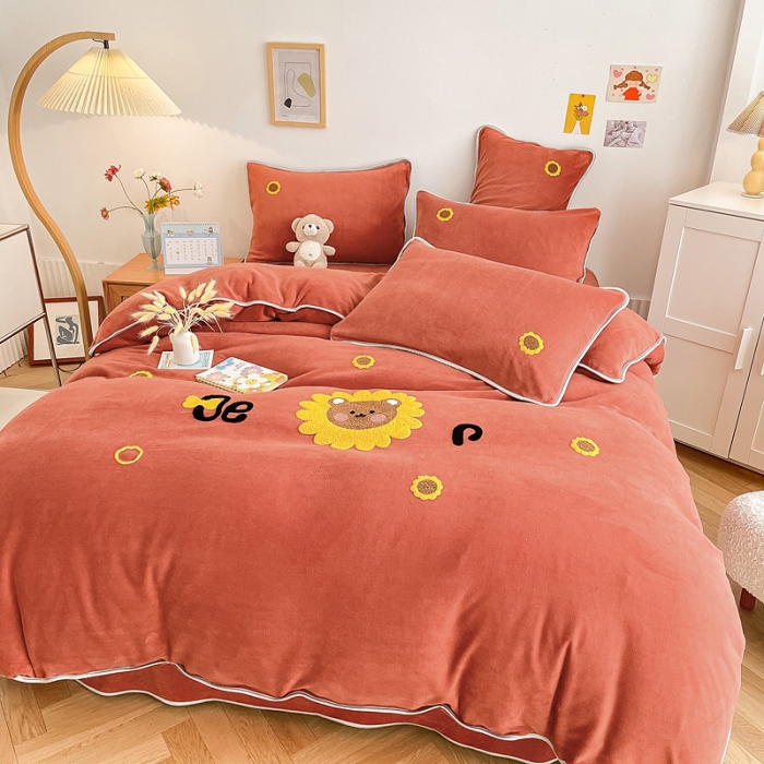 91家纺网 家纺一手货源 找家纺 绒兔兔 2021秋冬牛奶绒毛巾绣韩版床裙床单四件套 向日葵-红橘