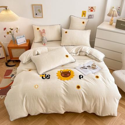 绒兔兔 2021秋冬牛奶绒毛巾绣韩版床裙床单四件套 向日葵-米色