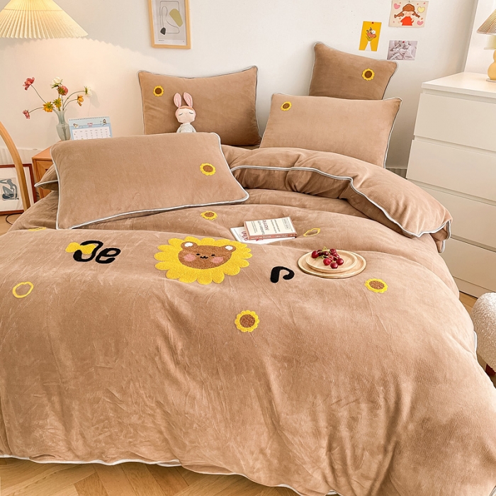 91家纺网 家纺一手货源 找家纺 绒兔兔 2021秋冬牛奶绒毛巾绣韩版床裙床单四件套 向日葵-浅咖