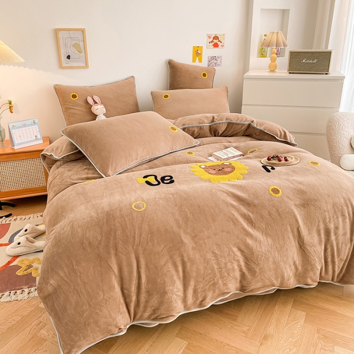 91家纺网 家纺一手货源 找家纺 绒兔兔 2021秋冬牛奶绒毛巾绣韩版床裙床单四件套 向日葵-浅咖