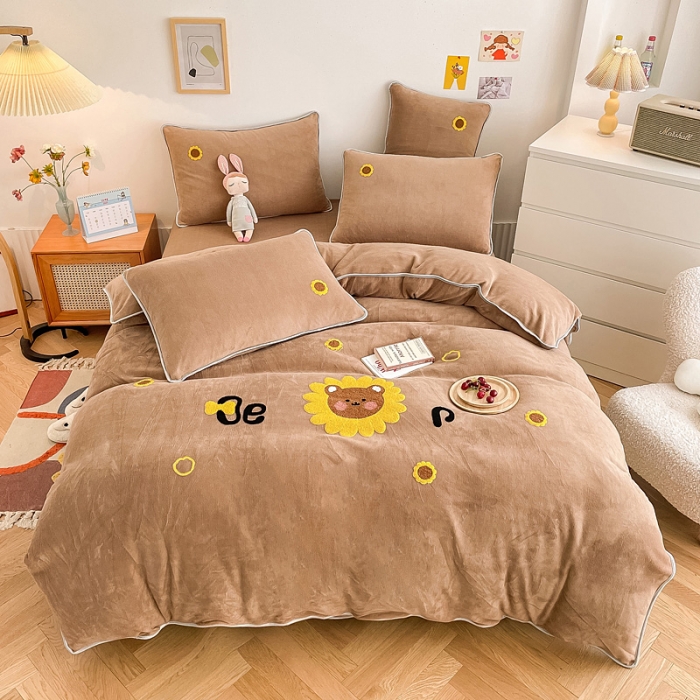 91家纺网 家纺一手货源 找家纺 绒兔兔 2021秋冬牛奶绒毛巾绣韩版床裙床单四件套 向日葵-浅咖