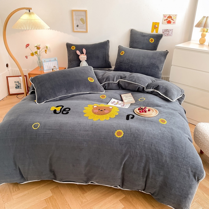 91家纺网 家纺一手货源 找家纺 绒兔兔 2021秋冬牛奶绒毛巾绣韩版床裙床单四件套 向日葵-深灰