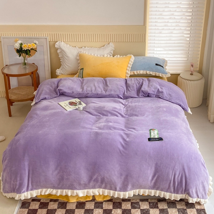 91家纺网 家纺一手货源 找家纺 金爱家2021新款牛奶绒230g糖果色四件套 糖果色-风信紫