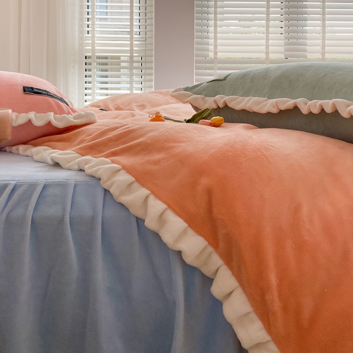 91家纺网 家纺一手货源 找家纺 金爱家2021新款牛奶绒230g糖果色四件套糖果色-美人蕉橙