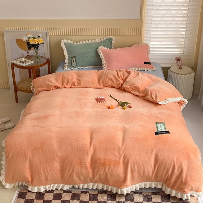 91家纺网 家纺一手货源 找家纺 金爱家2021新款牛奶绒230g糖果色四件套糖果色-美人蕉橙
