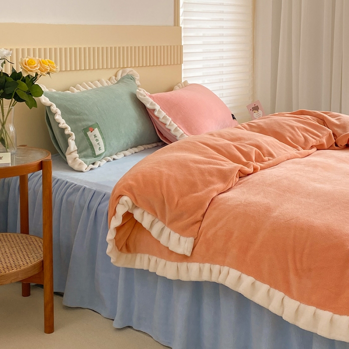 91家纺网 家纺一手货源 找家纺 金爱家2021新款牛奶绒230g糖果色四件套糖果色-美人蕉橙