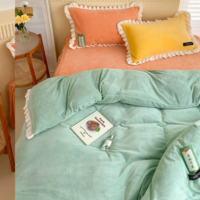 91家纺网 家纺一手货源 找家纺 金爱家2021新款牛奶绒230g糖果色四件套 糖果色-明绿