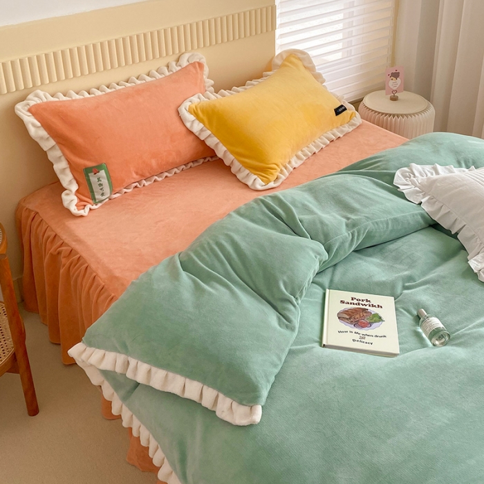 91家纺网 家纺一手货源 找家纺 金爱家2021新款牛奶绒230g糖果色四件套 糖果色-明绿
