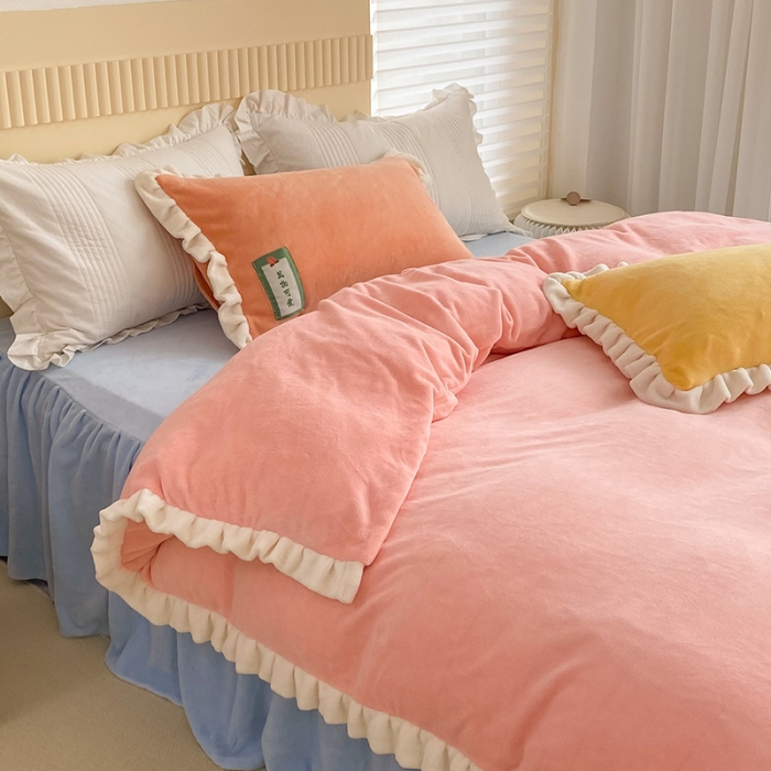 91家纺网 家纺一手货源 找家纺 金爱家2021新款牛奶绒230g糖果色四件套 糖果色-樱花粉