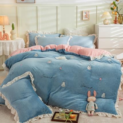 91家纺网 家纺一手货源 找家纺 （总）沐辰 2021新款超厚韩版刺绣牛奶绒四件套