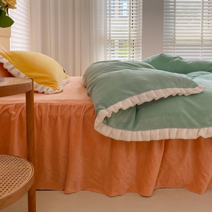 91家纺网 家纺一手货源 找家纺 金爱家2021新款牛奶绒230g糖果色单床裙 糖果色-明绿