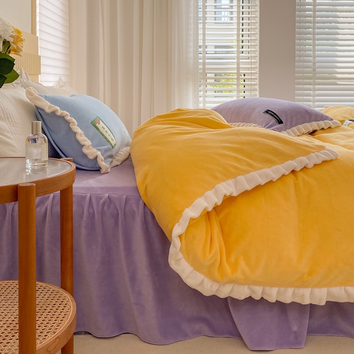 91家纺网 家纺一手货源 找家纺 金爱家2021新款牛奶绒230g糖果色单床裙 糖果色-浅烙黄