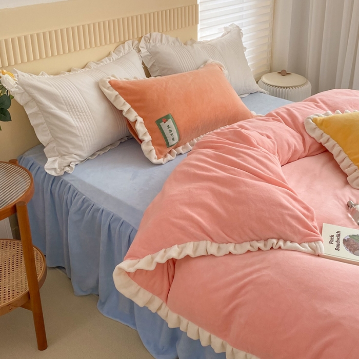 91家纺网 家纺一手货源 找家纺 金爱家2021新款牛奶绒230g糖果色单床笠 糖果色-樱花粉