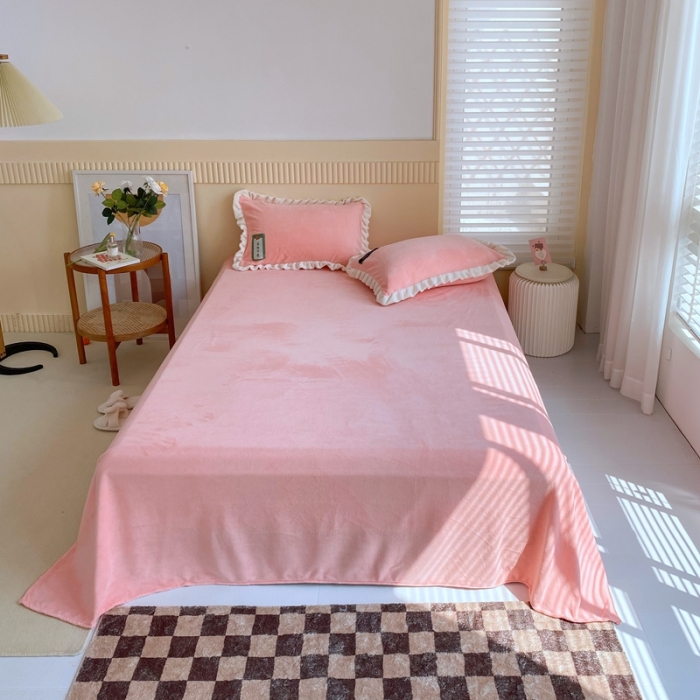 91家纺网 家纺一手货源 找家纺 金爱家 2021新款牛奶绒230g糖果色单床单 糖果色-樱花粉