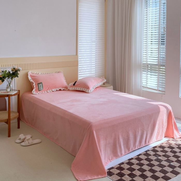 91家纺网 家纺一手货源 找家纺 金爱家 2021新款牛奶绒230g糖果色单床单 糖果色-樱花粉
