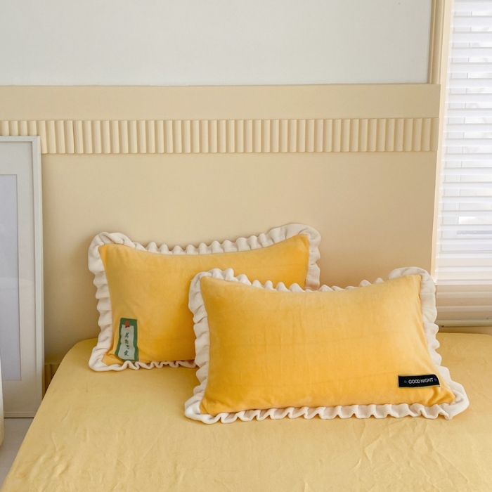 91家纺网 家纺一手货源 找家纺 金爱家 2021新款牛奶绒230g糖果色单枕套一对 糖果色-浅烙黄