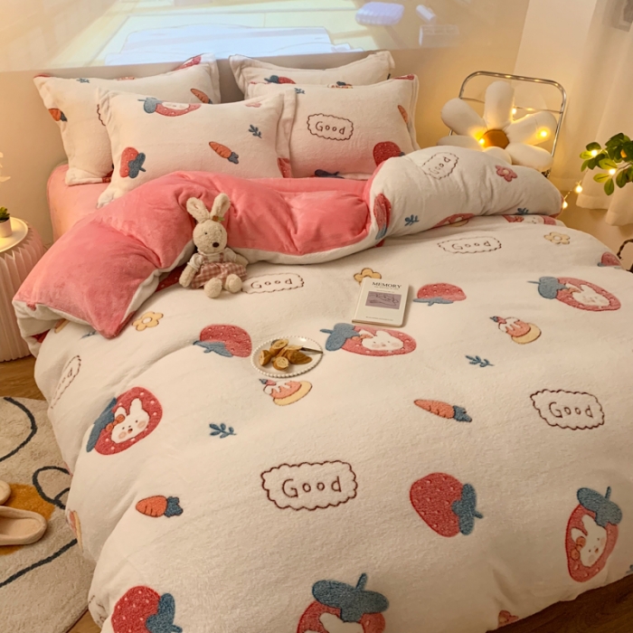 91家纺网 家纺一手货源 找家纺 慕尚 2022新款5D雪花绒四件套 草莓兔兔