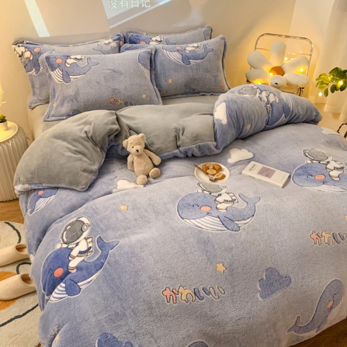 91家纺网 家纺一手货源 找家纺 慕尚 2022新款5D雪花绒四件套 小鲸鱼