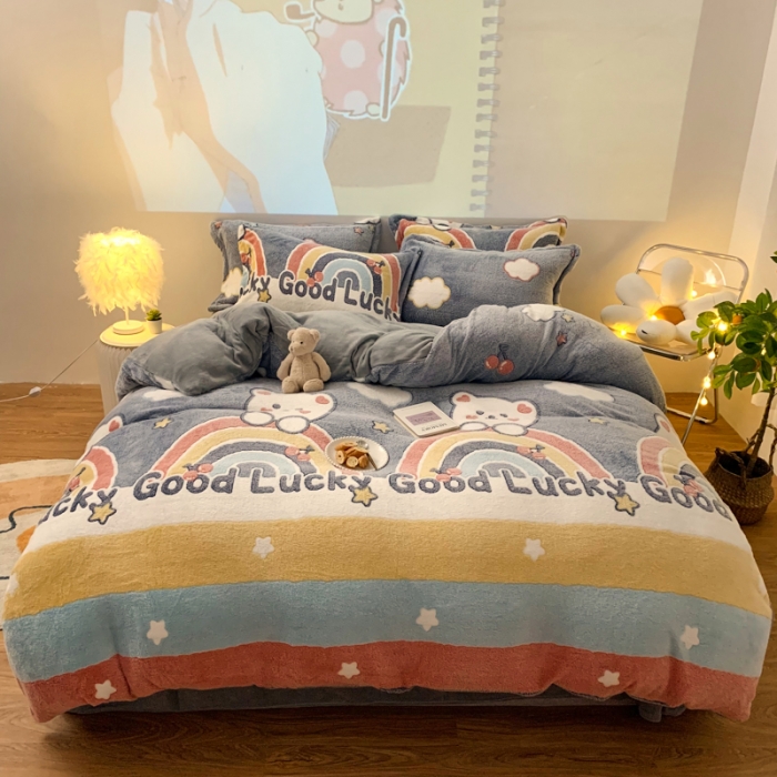 91家纺网 家纺一手货源 找家纺 慕尚 2022新款5D雪花绒四件套 幸运小熊