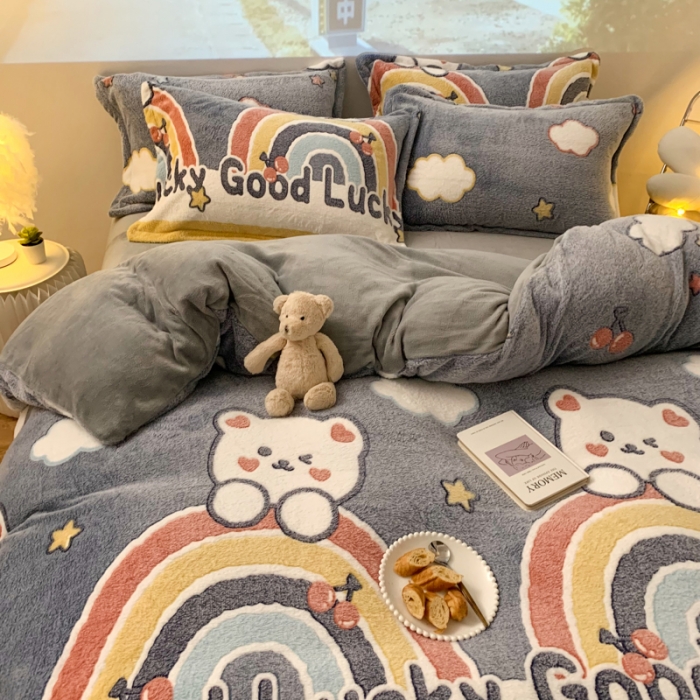 91家纺网 家纺一手货源 找家纺 慕尚 2022新款5D雪花绒四件套 幸运小熊