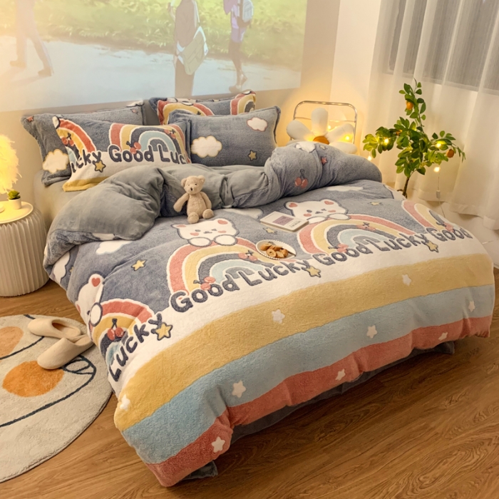 91家纺网 家纺一手货源 找家纺 慕尚 2022新款5D雪花绒四件套 幸运小熊