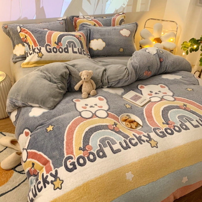 91家纺网 家纺一手货源 找家纺 慕尚 2022新款5D雪花绒四件套 幸运小熊