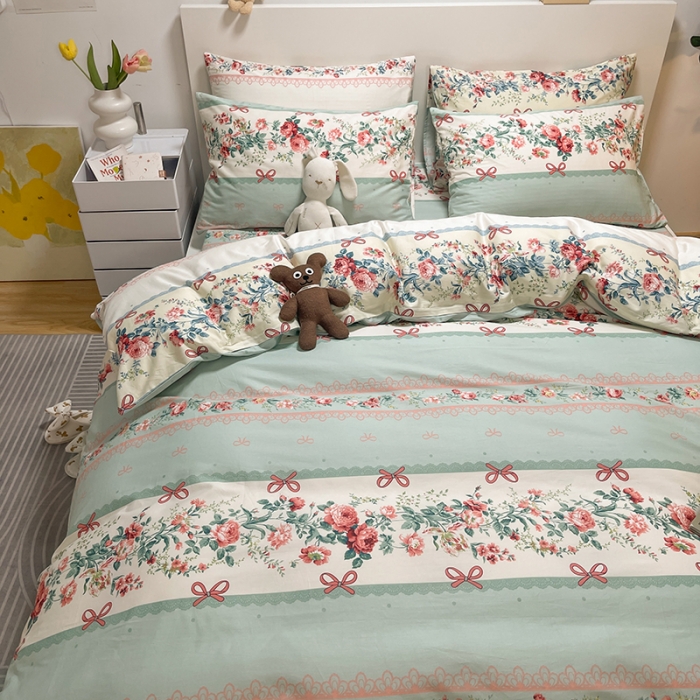 91家纺网 家纺一手货源 找家纺 芊寻家居 2024年新款全棉印花13372四件套思恋蓝