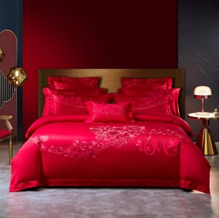 91家纺网 家纺一手货源 找家纺 总-高大尚2021新款长绒棉婚庆多件套-爱意绵绵-红