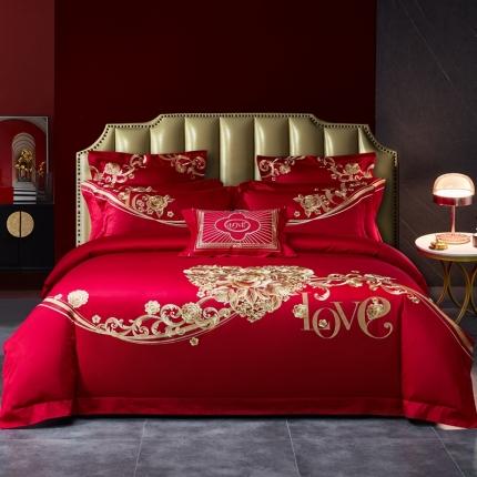 91家纺网 家纺一手货源 找家纺 总-高大尚2021新款长绒棉婚庆多件套-爱意连绵-金